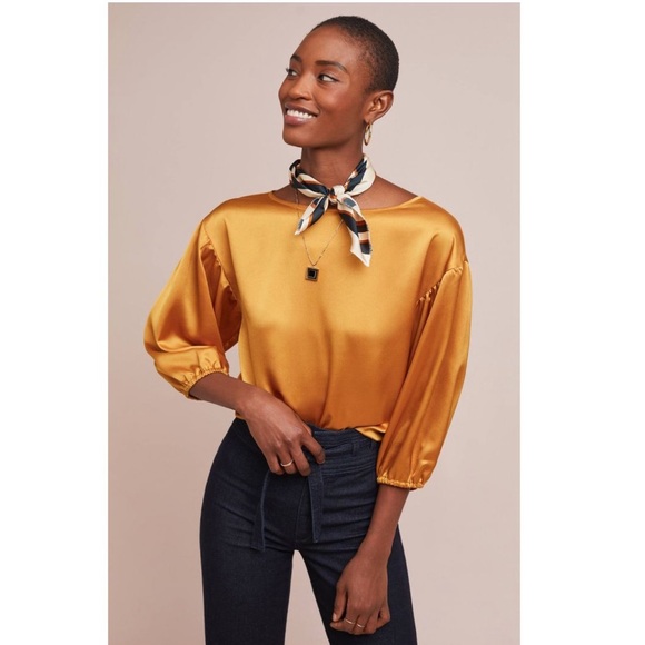Anthropologie Tops - Anthropologie Hutch Satin 3/4 Puff Sleeve Blouse Golden Yellow Medium